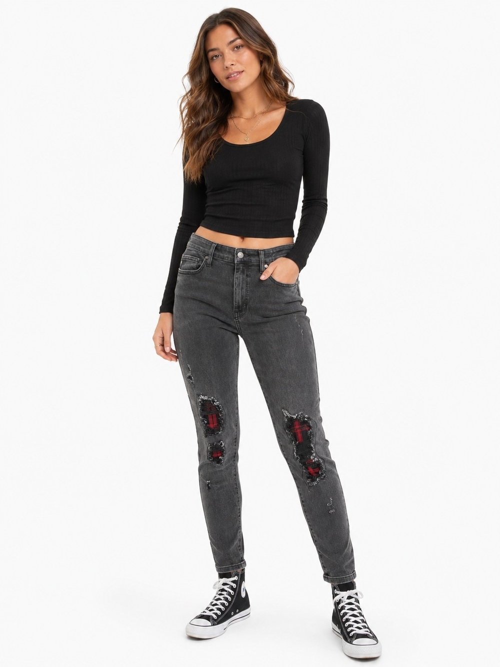 Judy Blue Womenβs High-Rise Distressed Patchwork Black Gray Jeans 11/30